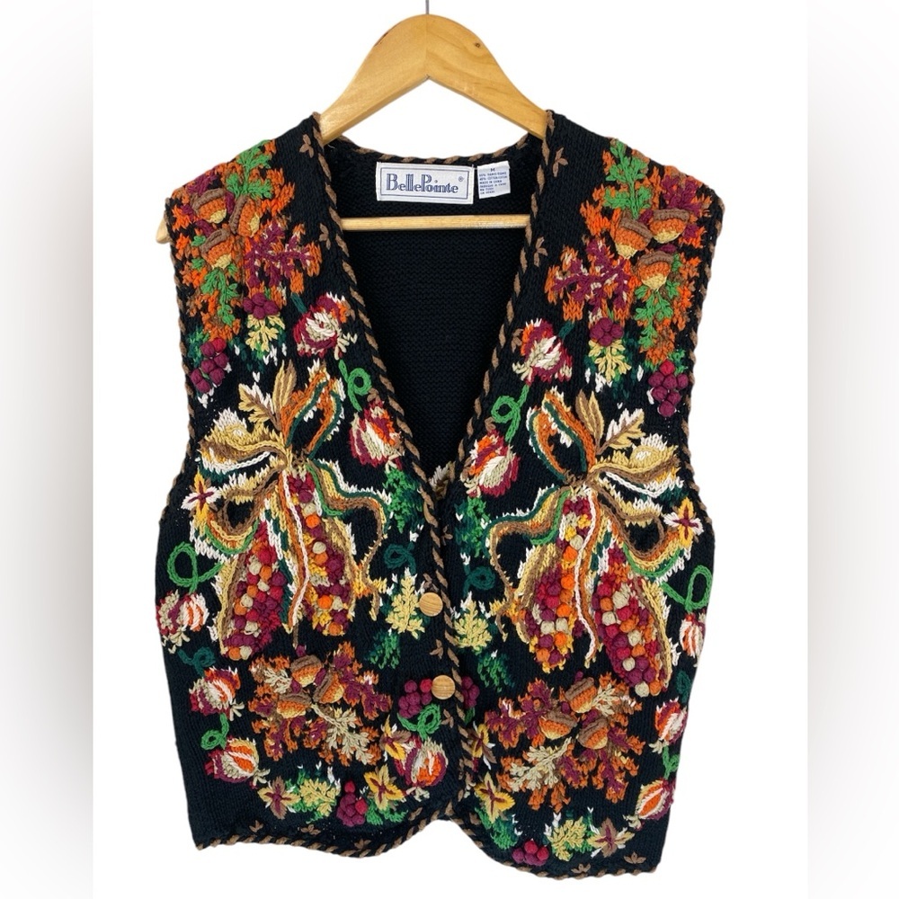 Vintage Bellepointe Hand-Knit Embroidered Sleeveless Cardigan Sweater Vest Sz M